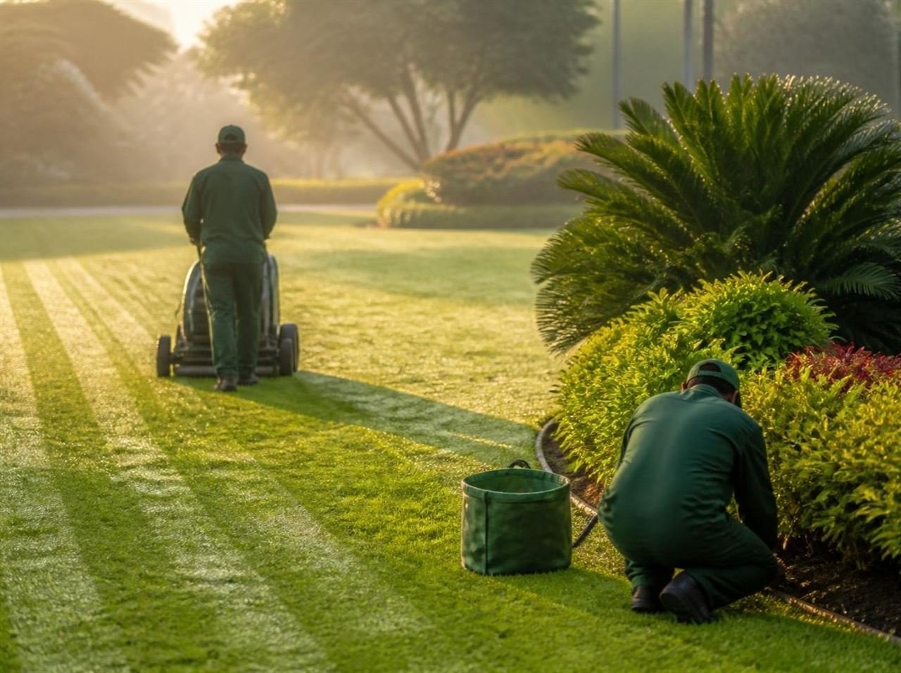 Grounds crew mowing and hand-edging a corporate lawn in early morning light