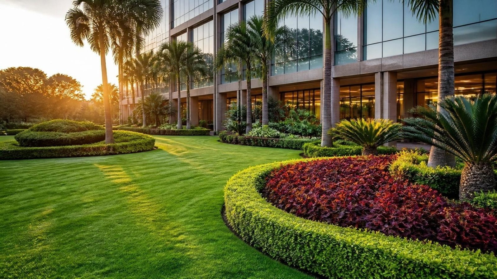 Manicured corporate campus lawn with palms and ornamental foliage beds at golden hour