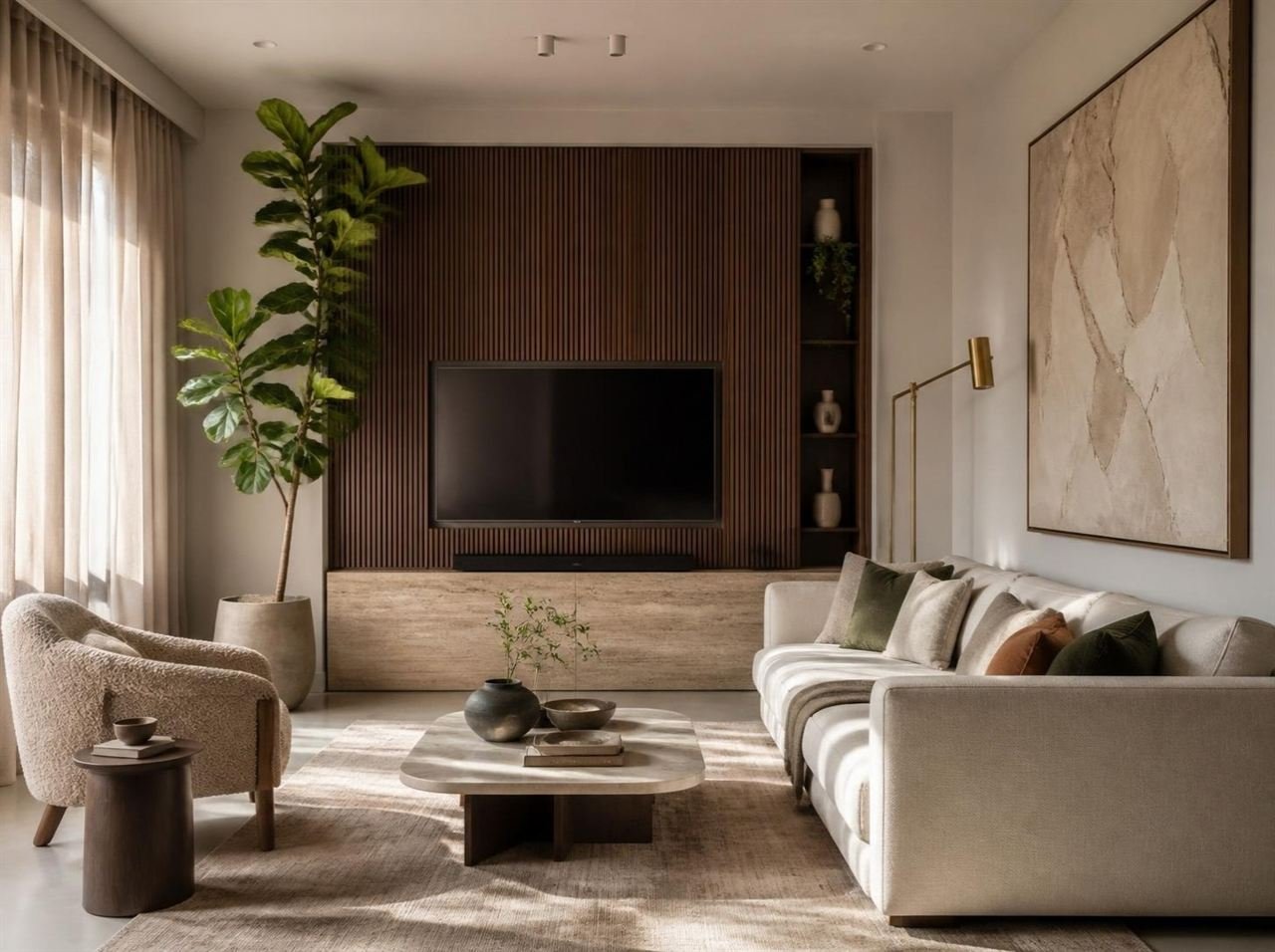Bespoke contemporary living room with fluted walnut wall, linen sofa and soft natural light