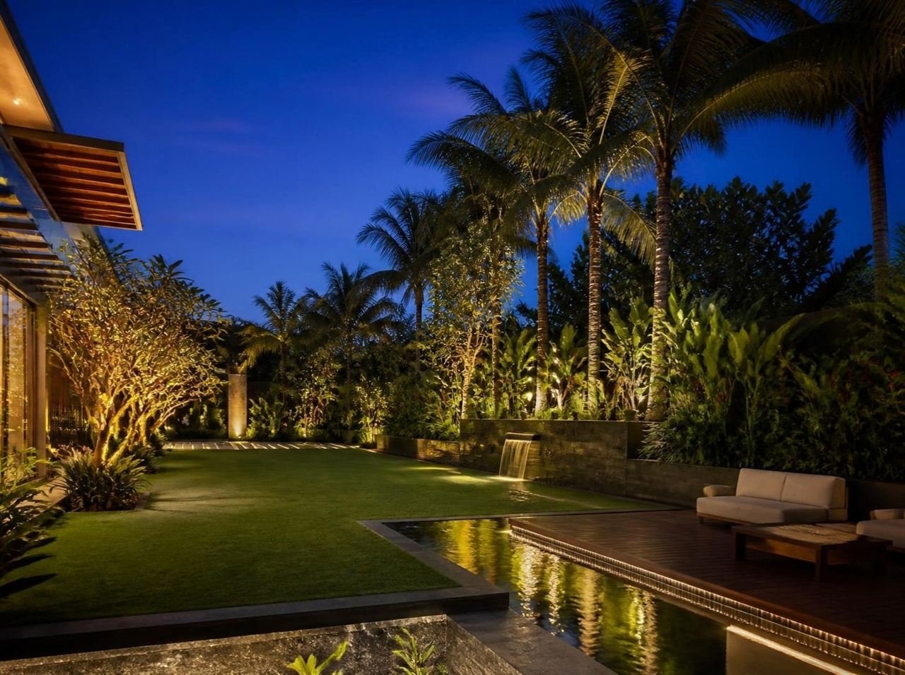 Designed villa garden at twilight