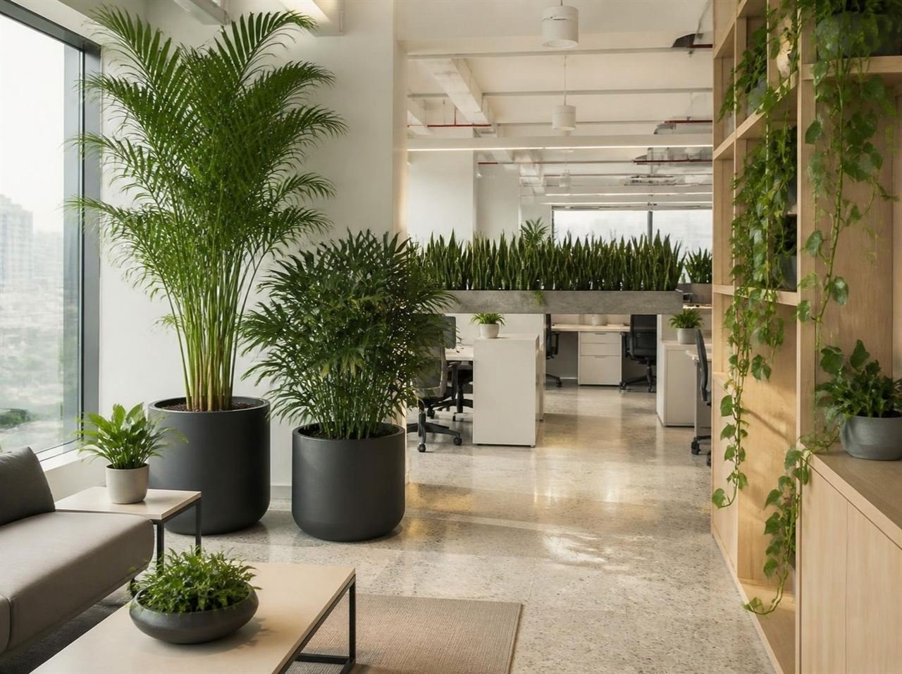 Office interior styled with rented indoor plants