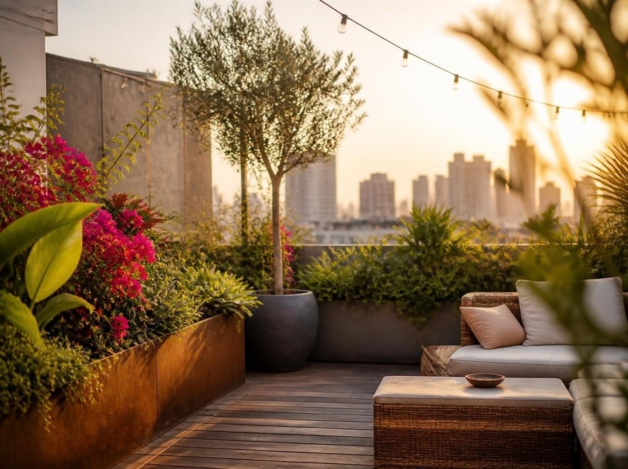 Lush rooftop terrace garden with raised planters and seating at golden hour