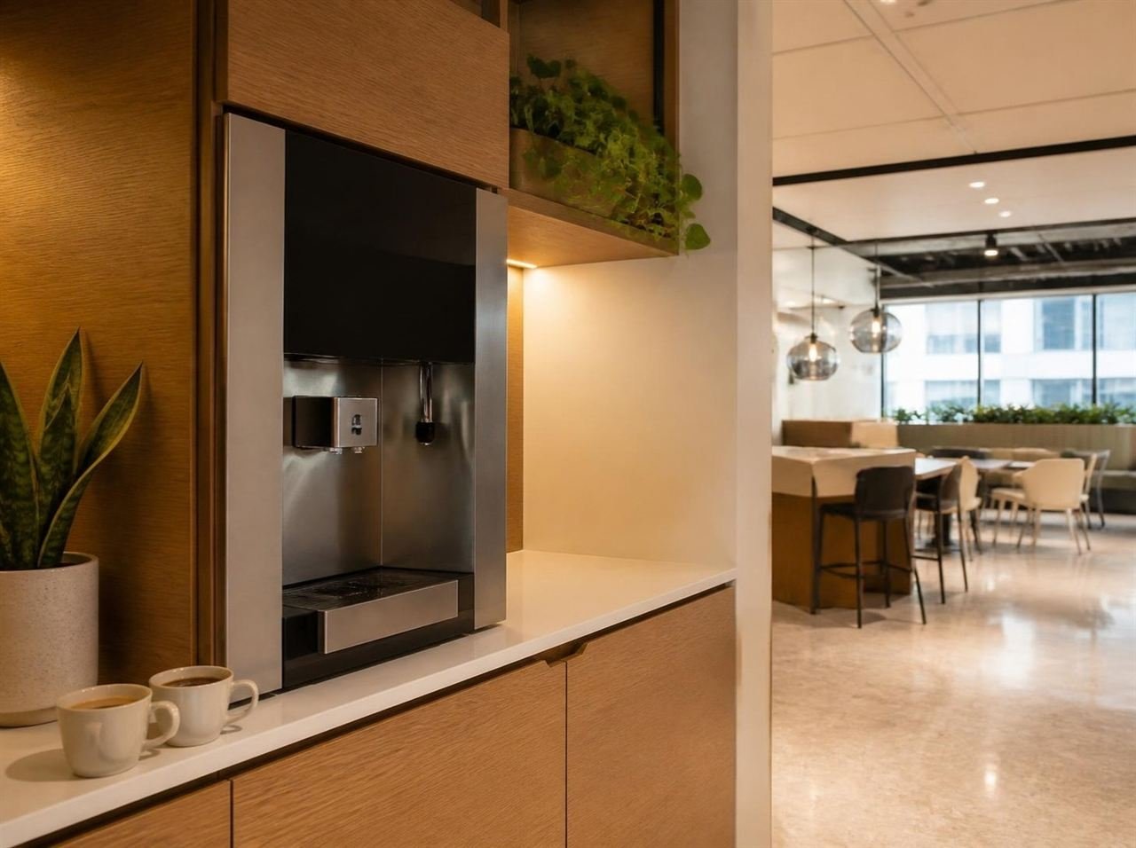 Modern office pantry with a built-in beverage vending machine and fresh coffee