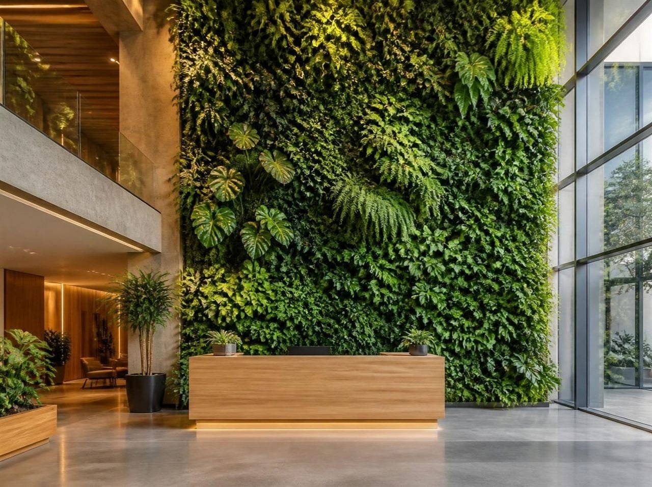 Living vertical garden filling a double-height corporate reception atrium